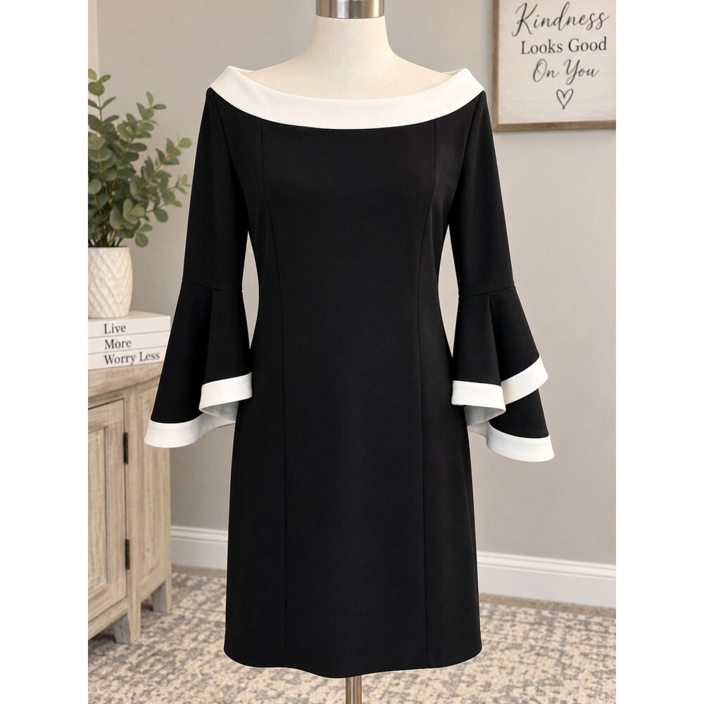 Prelude Womens L Black White Off Shoulder Bell Sleeve Shift Cocktail Dress